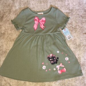 Cat & Jack Green Ribbed Dress with Pink Bow and Cow Design Upcycled